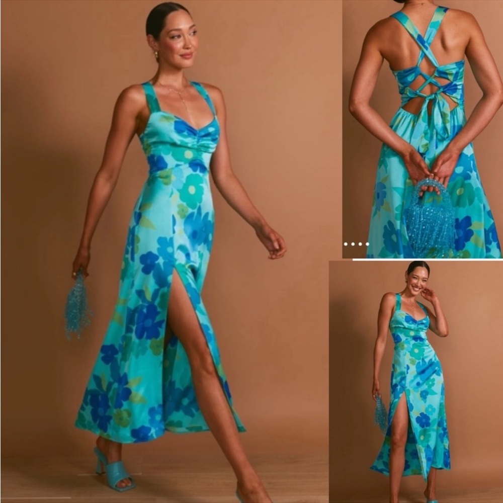 Show Me Your MuMu Mina Midi Slip Dress in Picadilly Blue Luxe Satin NWT